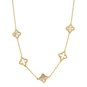 14k Gold Plated White Mother of Pearl Floral Station Necklace