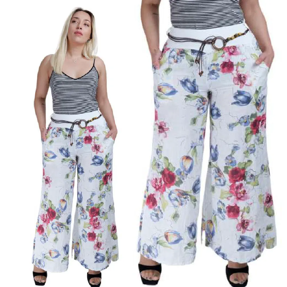 Belted Italian Linen Pants with Floral Print