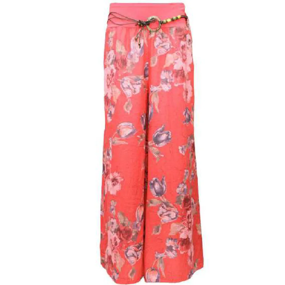 Belted Italian Linen Pants with Floral Print