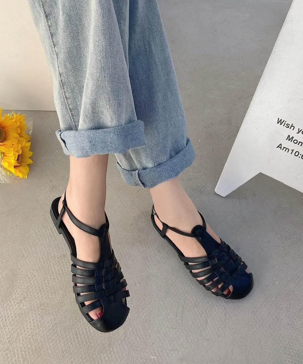 Black Flat Sandals Faux Leather Comfy Buckle Strap Water Sandals