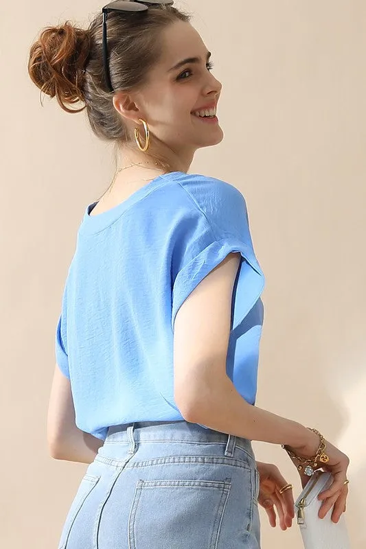 Blue V Neck Trim Rolled Short Sleeve Shirts Blouse Top