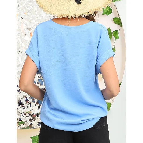 Blue V Neck Trim Rolled Short Sleeve Shirts Blouse Top