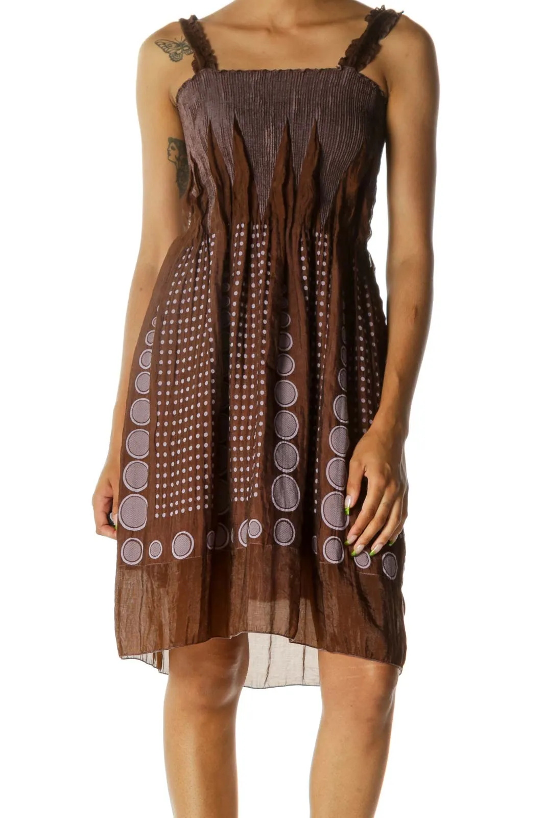 Brown Light Purple Textured Print Shirring Flared Dress