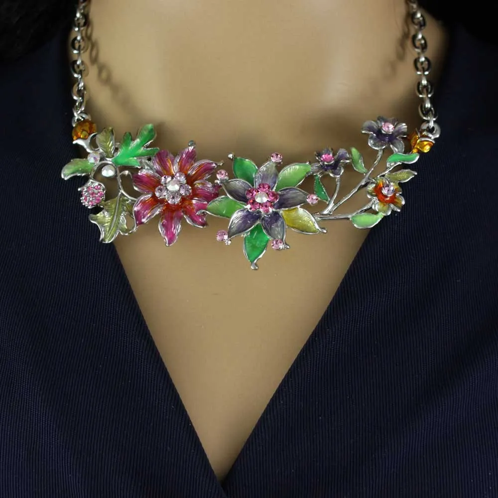 Colorful Enamel and Crystal Flower Garden Chain Necklace - RSN690