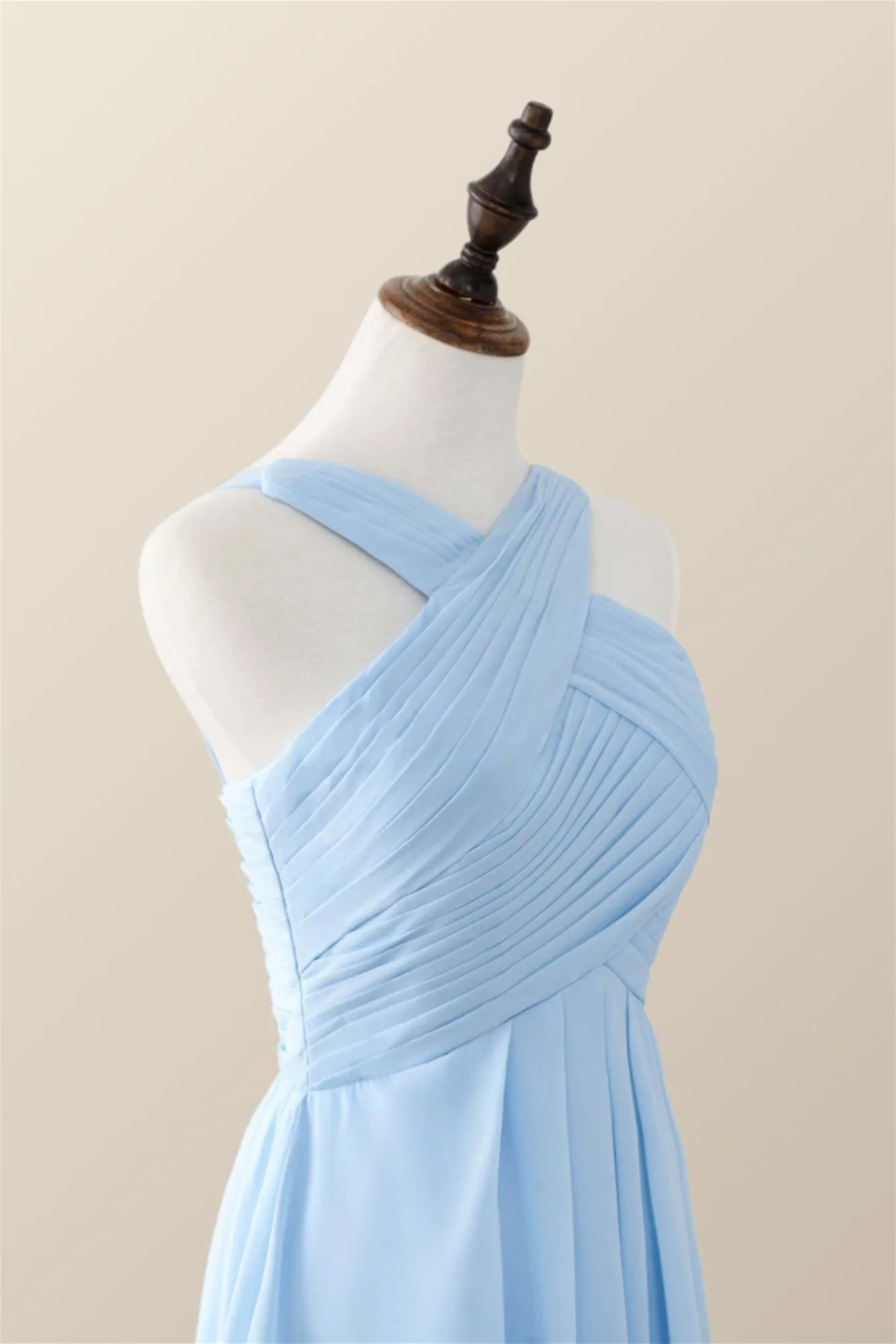 Cross Front Light Sky Blue Chiffon Long Bridesmaid Dress