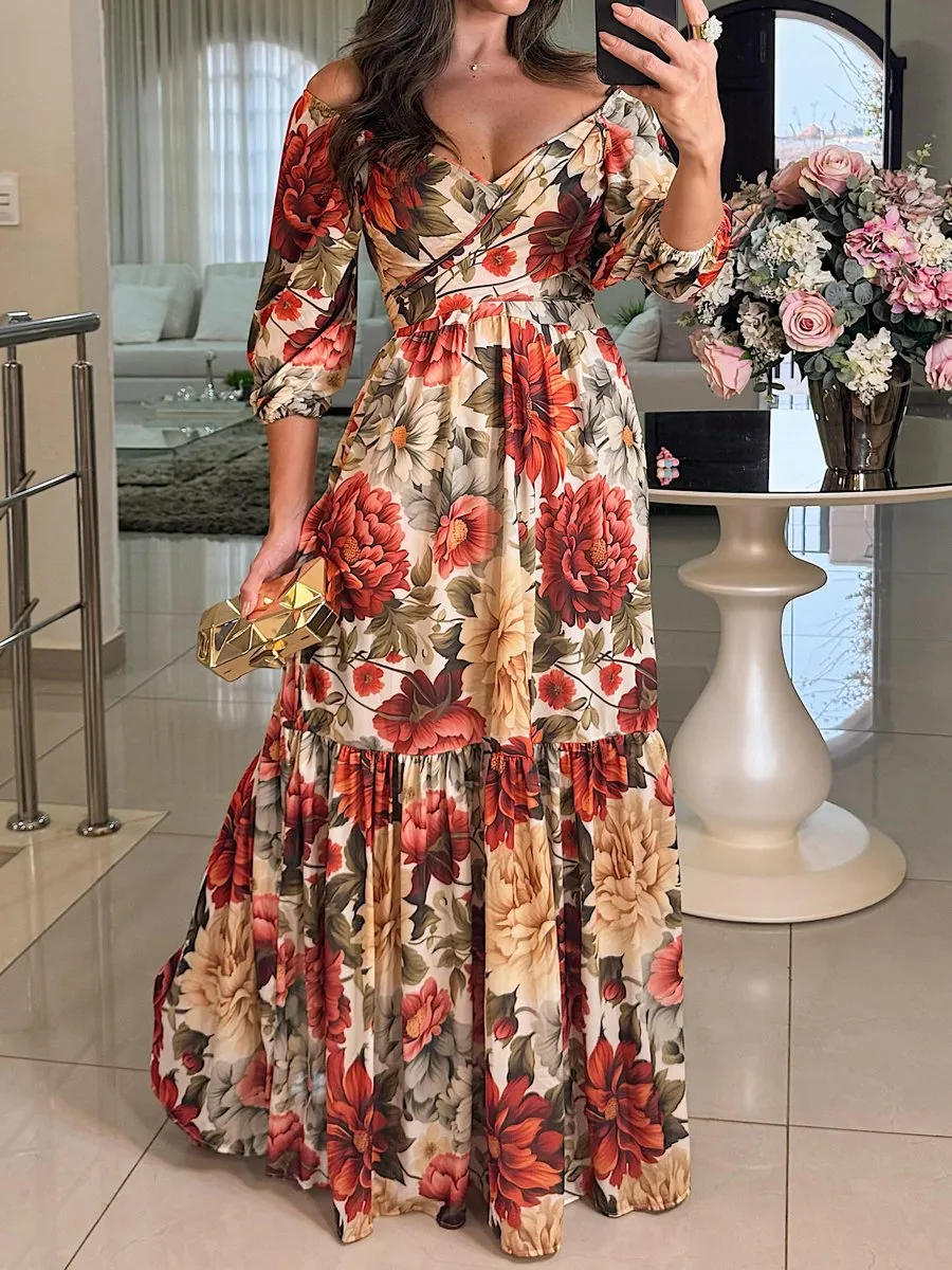 Deep V Neck Floral Print Lace Up Maxi Dress