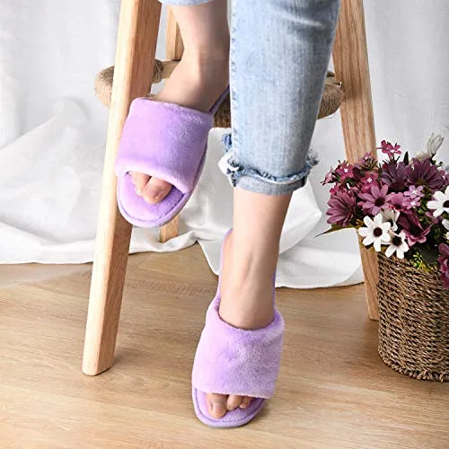 DL Open Toe Slippers for women Indoor, Cozy Memory Foam Womens House Slippers Summer Slip On, Comfy Soft Flannel Womens Bedroom Slippers Slide Breathable Size 7-8 Lilac