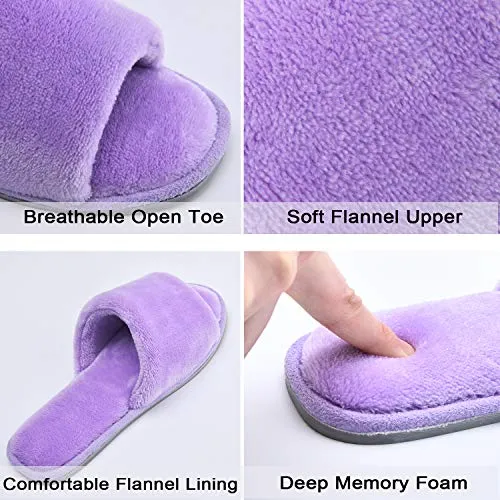 DL Open Toe Slippers for women Indoor, Cozy Memory Foam Womens House Slippers Summer Slip On, Comfy Soft Flannel Womens Bedroom Slippers Slide Breathable Size 7-8 Lilac