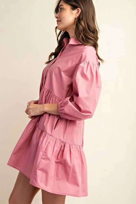 Dusty Pink Button Down Tiered Shirt Dress