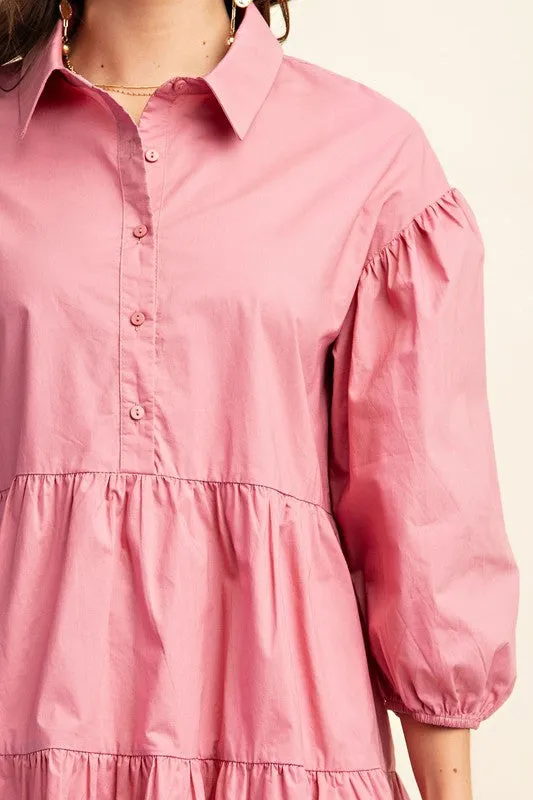 Dusty Pink Button Down Tiered Shirt Dress