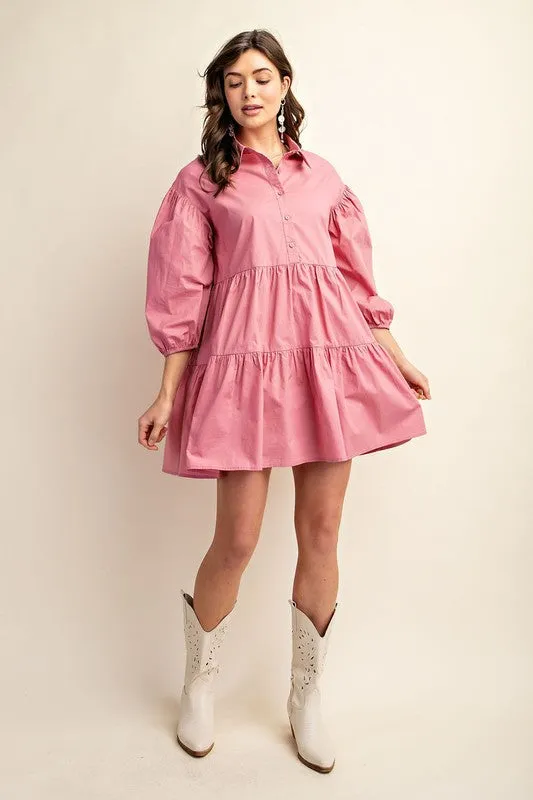 Dusty Pink Button Down Tiered Shirt Dress