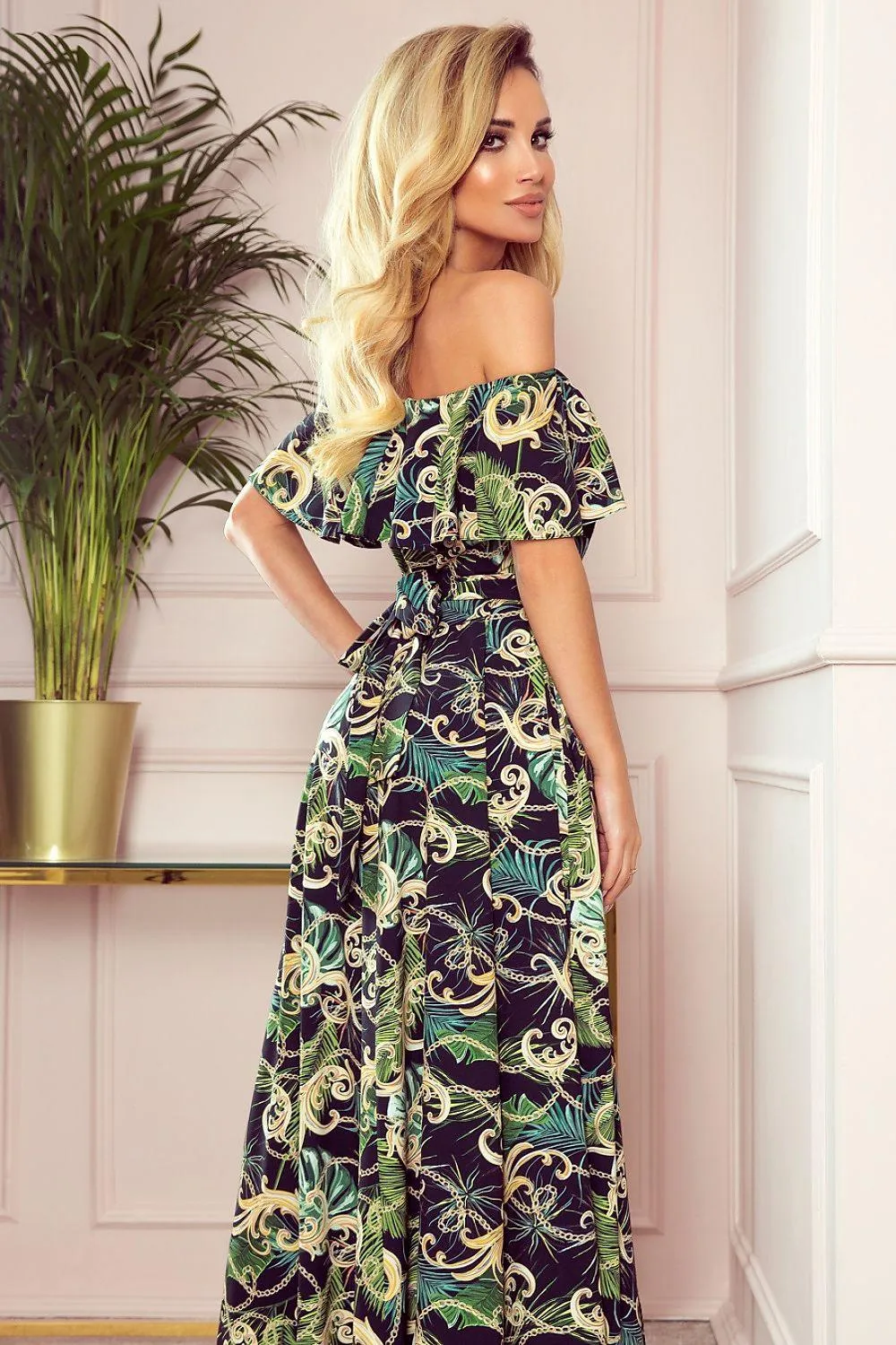 Elegant Green Leaf Maxi Dress with Luxe Gold Accents - Numoco