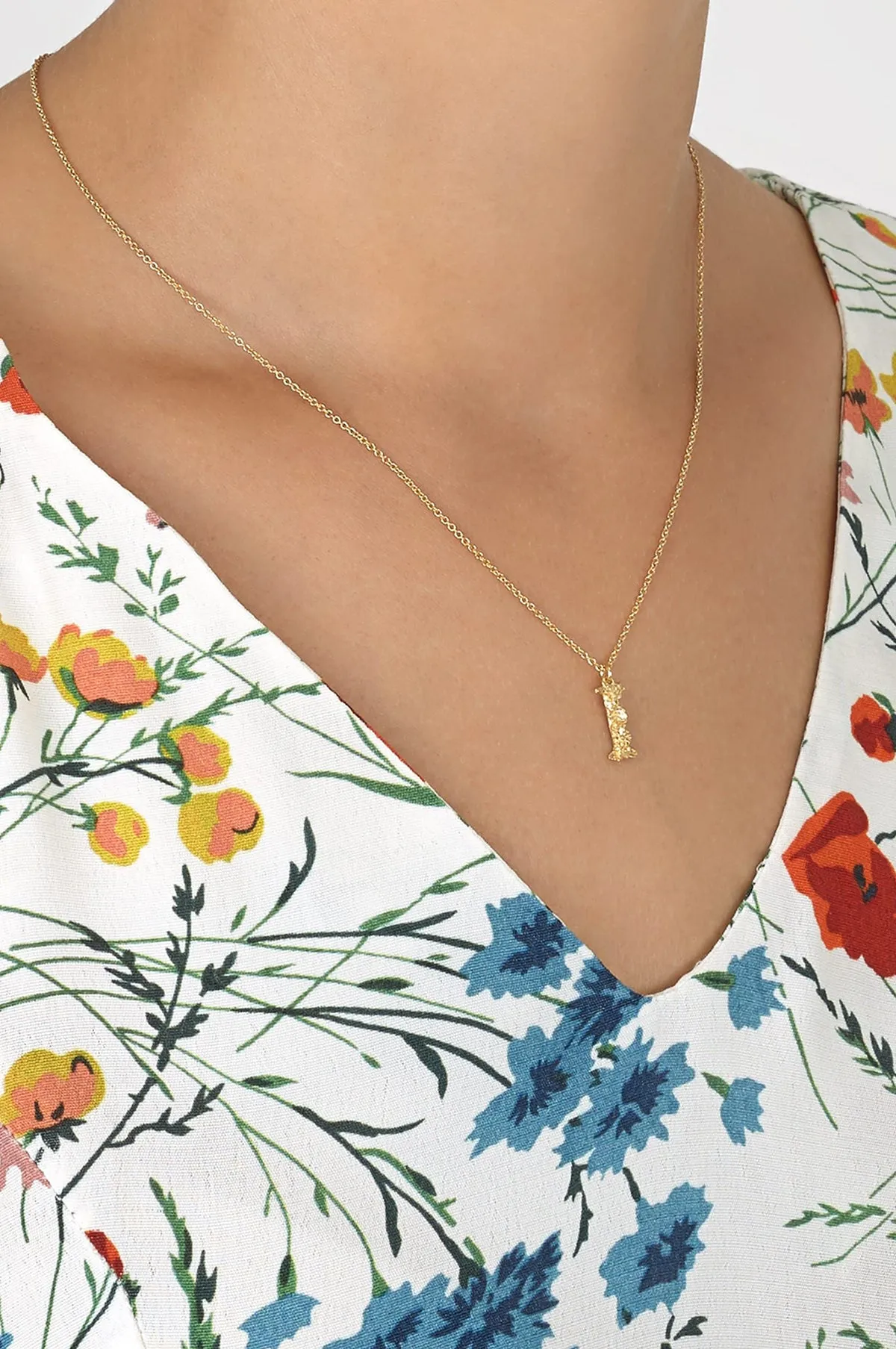 Floral Letter I Necklace Gold Plate