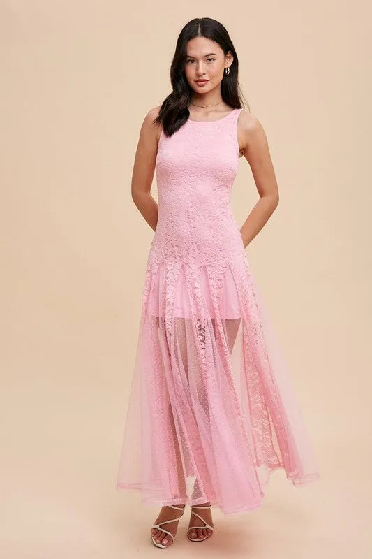 Fondant Pink Lace Paneled Sleeveless Dress