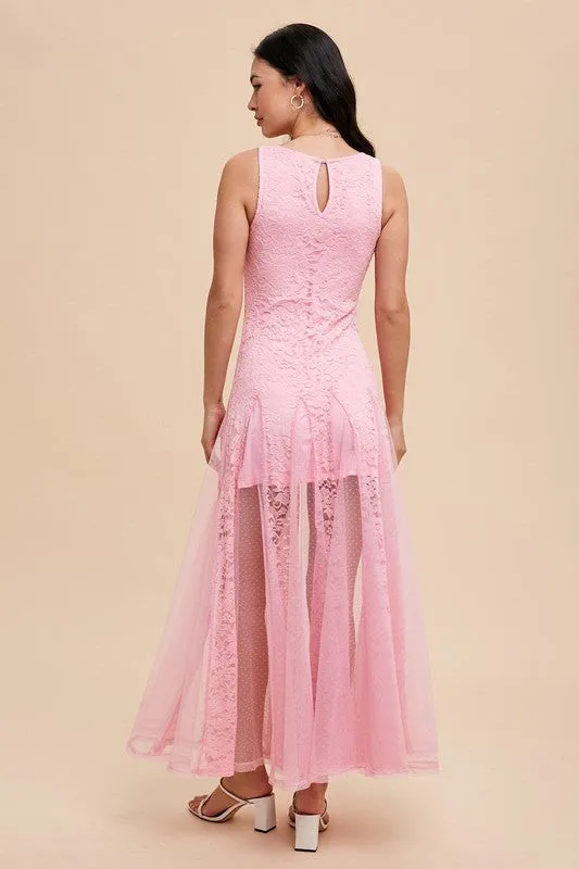 Fondant Pink Lace Paneled Sleeveless Dress