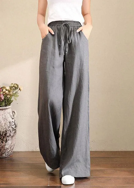 French Grey Elastic Waist Pockets Linen Wide Leg Pants Summer