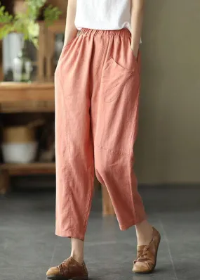 French Pink Casual Loose Patchwork Summer Linen Pants