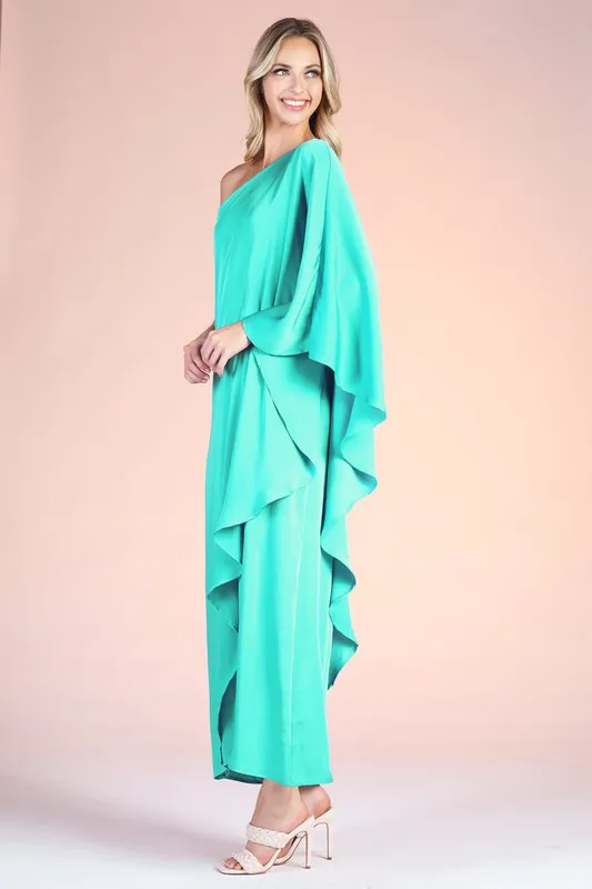 Green Washed Poly Silk Athena One Shoulder Maxi