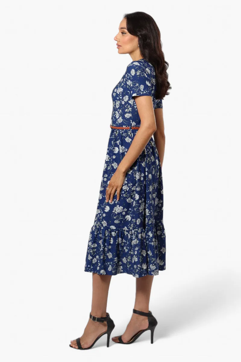 International INC Company Floral Belted Short Sleeve Maxi Dress - Blue