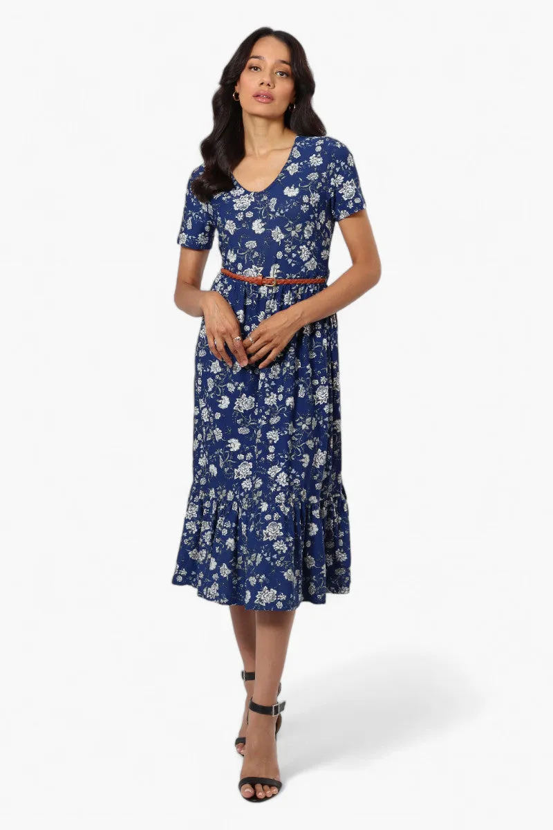 International INC Company Floral Belted Short Sleeve Maxi Dress - Blue