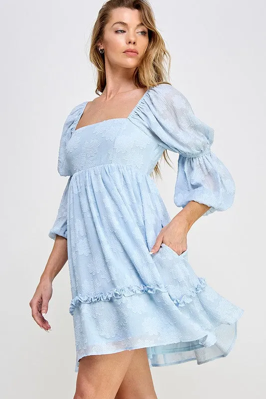 Light Blue Flower Textured Tiered Peasant Sleeve Dress