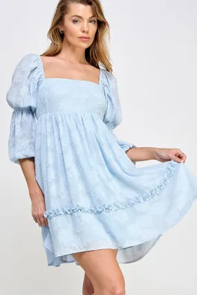 Light Blue Flower Textured Tiered Peasant Sleeve Dress