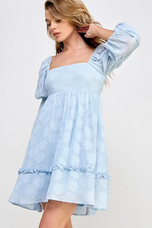 Light Blue Flower Textured Tiered Peasant Sleeve Dress