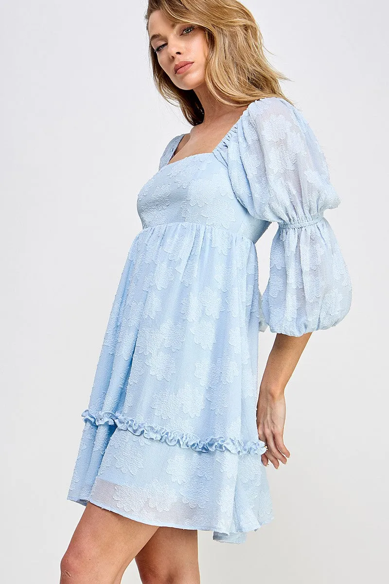 Light Blue Flower Textured Tiered Peasant Sleeve Dress