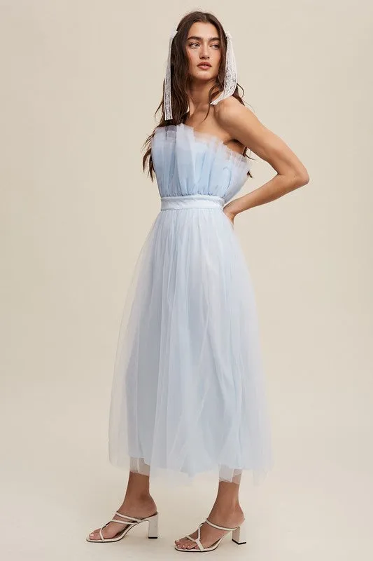 Light Blue Paper Bag Frill Tulle Maxi Dress