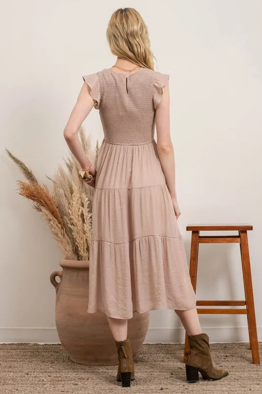 Light Mocha Tiered Midi Dress