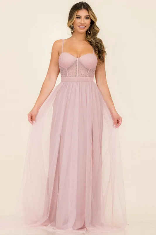 Light Pink Embellished Tulle Two Slits Maxi Dress