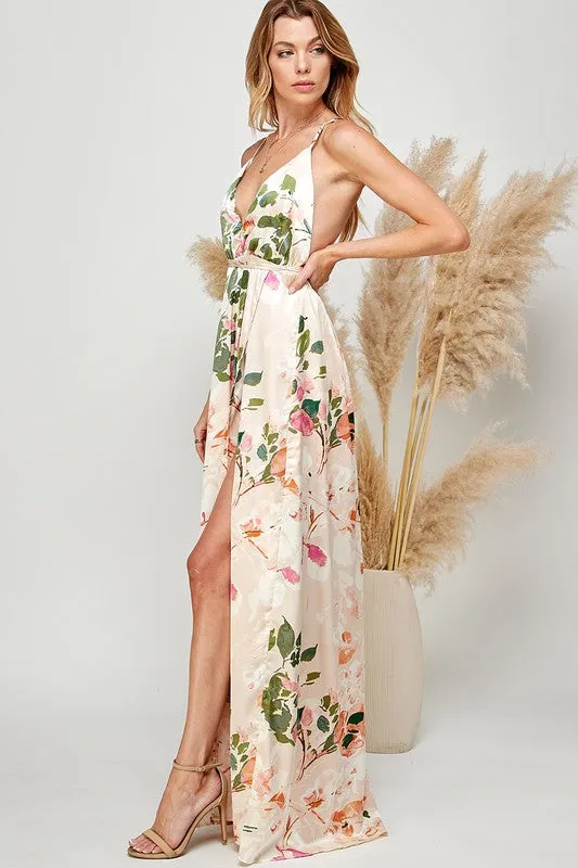 Light Pink Floral Print Halter Cami Maxi Dress