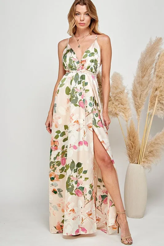 Light Pink Floral Print Halter Cami Maxi Dress