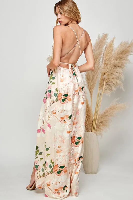 Light Pink Floral Print Halter Cami Maxi Dress