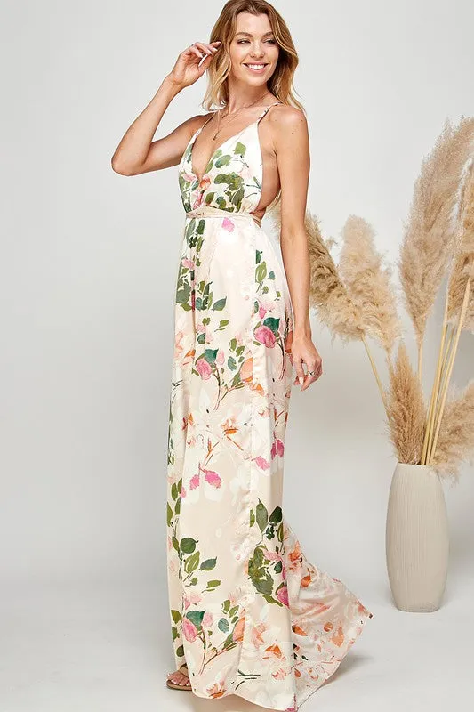 Light Pink Floral Print Halter Cami Maxi Dress