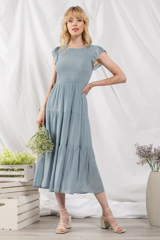 Light Teal Smocked Tiered Midi Dress