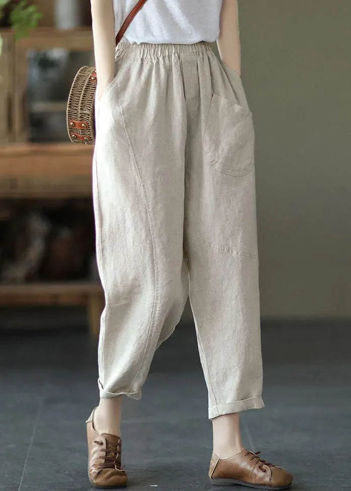 Linen Color Patchwork Linen Harem Pants Elastic Waist Summer