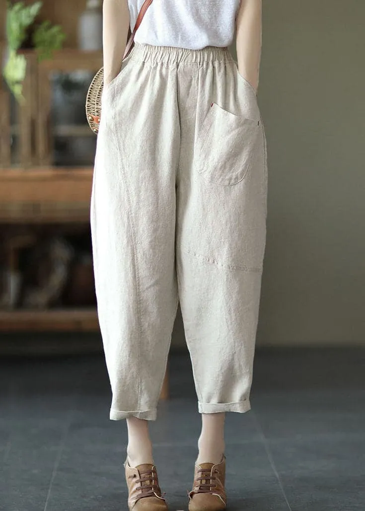 Linen Color Patchwork Linen Harem Pants Elastic Waist Summer