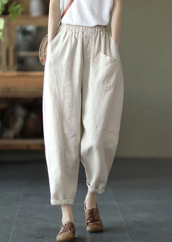 Linen Color Patchwork Linen Harem Pants Elastic Waist Summer