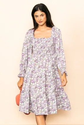 Lt Violet Floral Smocked Chest Tiered Midi Dress