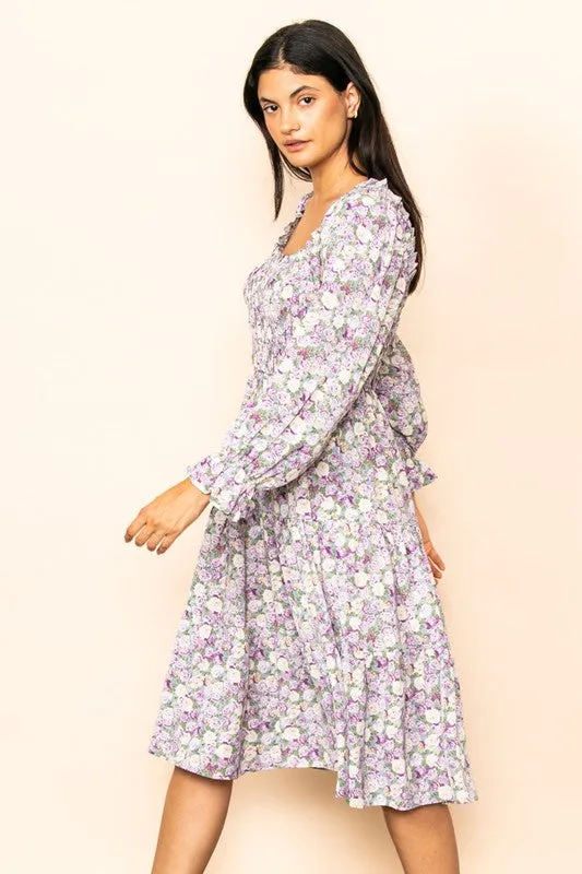 Lt Violet Floral Smocked Chest Tiered Midi Dress