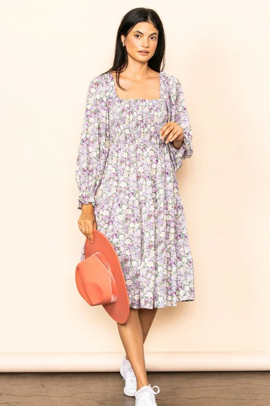 Lt Violet Floral Smocked Chest Tiered Midi Dress