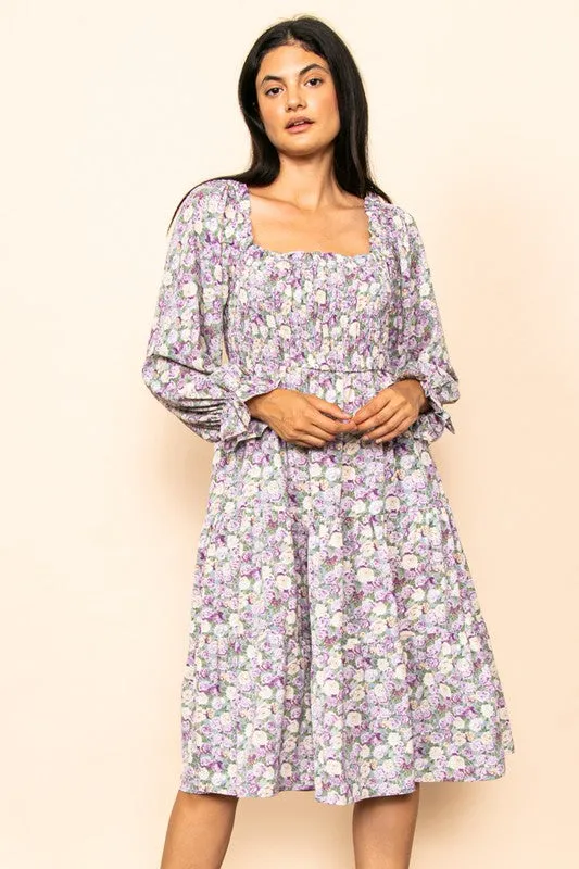 Lt Violet Floral Smocked Chest Tiered Midi Dress