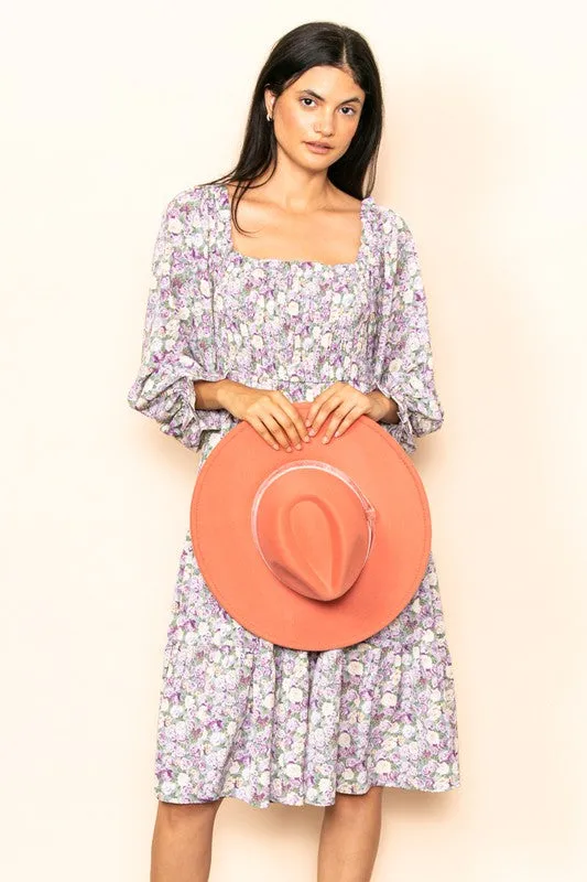 Lt Violet Floral Smocked Chest Tiered Midi Dress