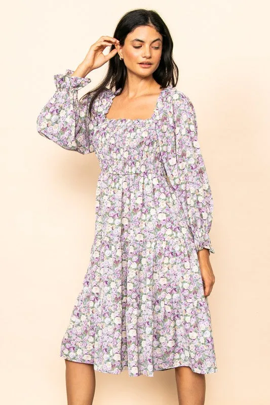 Lt Violet Floral Smocked Chest Tiered Midi Dress