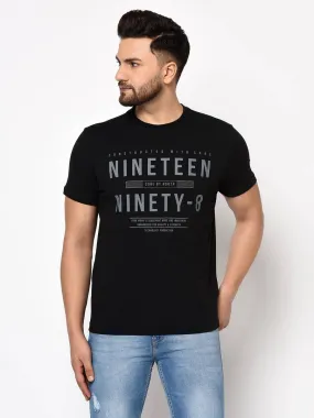 Men's Black Printed Cotton Round Neck Tees