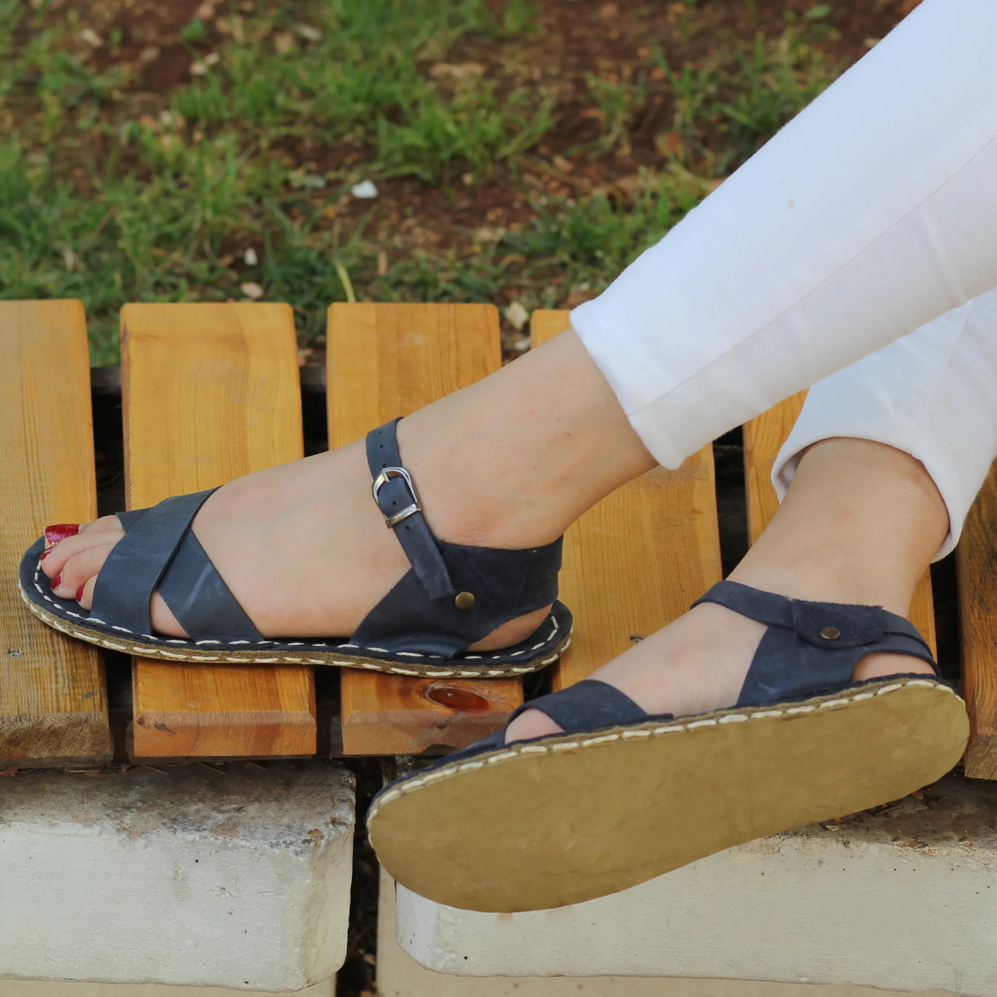 Navy Blue Leather Women's Huarache Barefoot Sandals