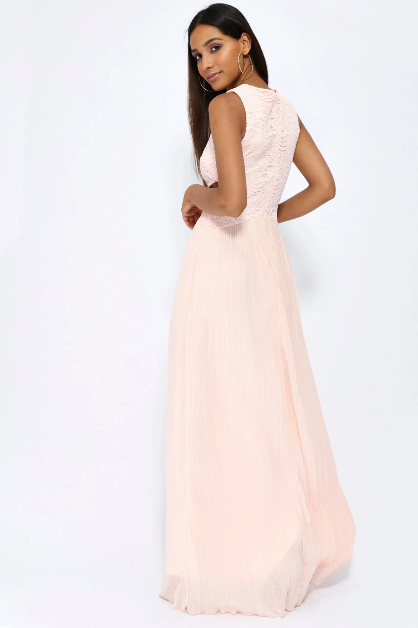 Nude Pleated Chiffon Cut Out Maxi Dress