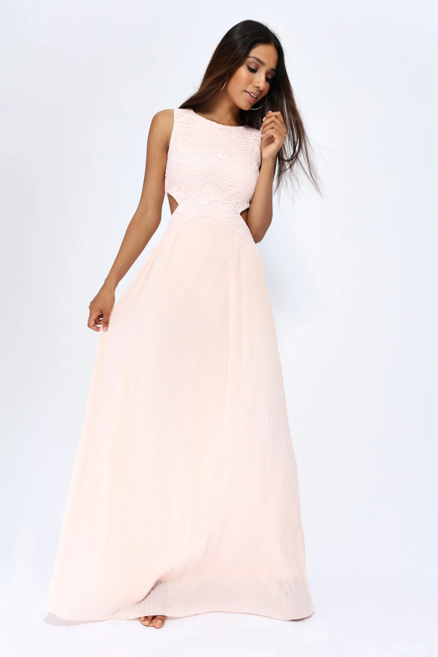 Nude Pleated Chiffon Cut Out Maxi Dress