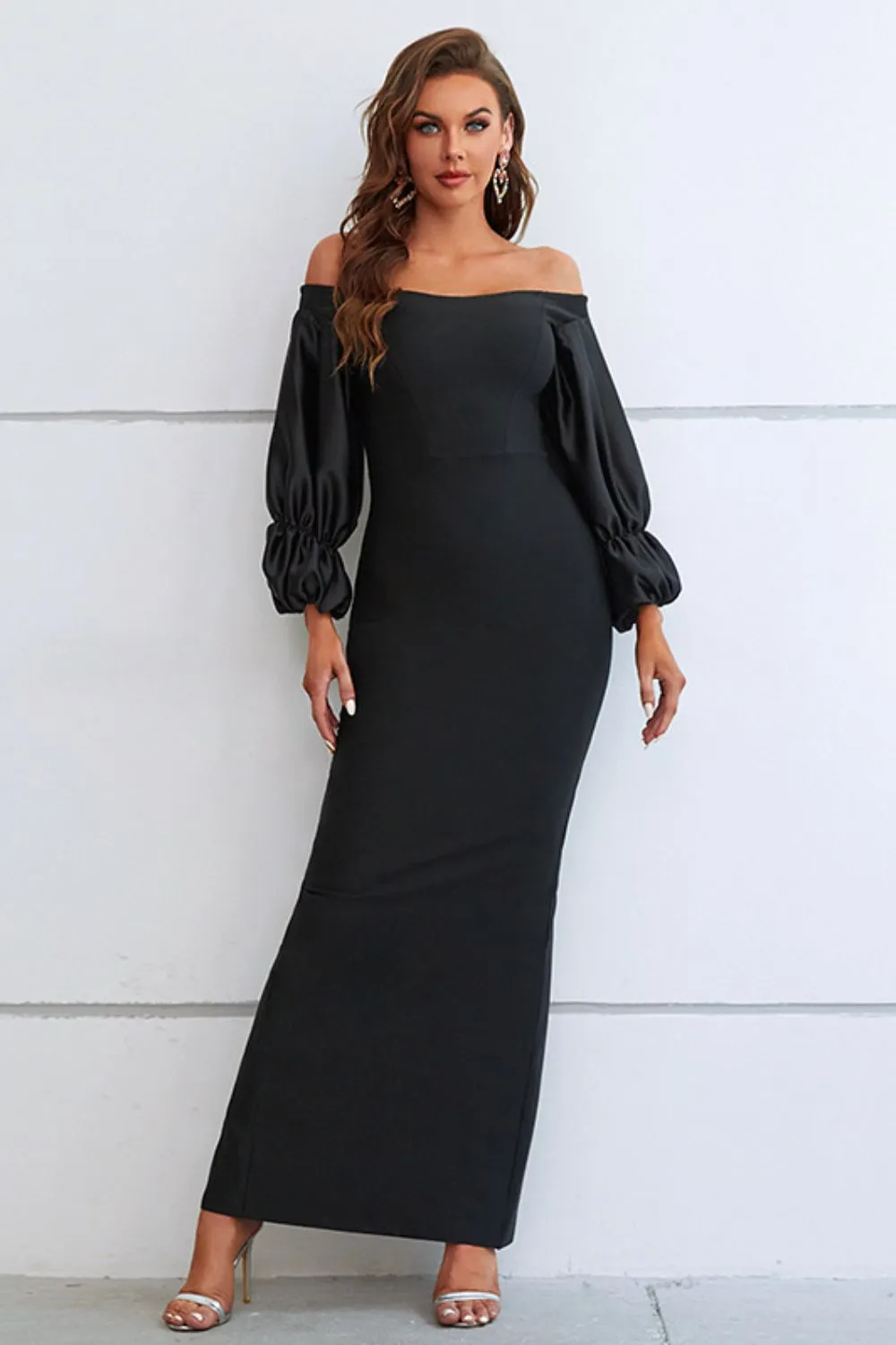 Off-Shoulder Bubble Sleeve Slit Dress